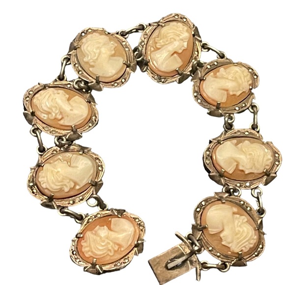 Stunning antique 800 silver Carved shell cameo victorian art deco Bracelet - Picture 2 of 6